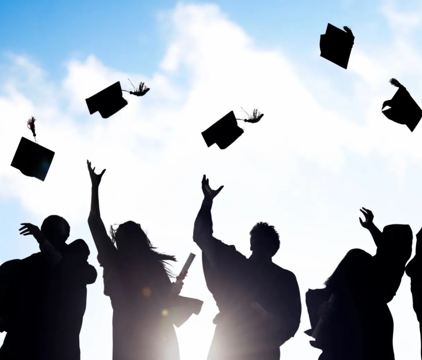 A group of people that are throwing their hats in the air