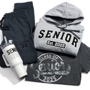 A group of items that include a hoodie, sweatshirt and pants.