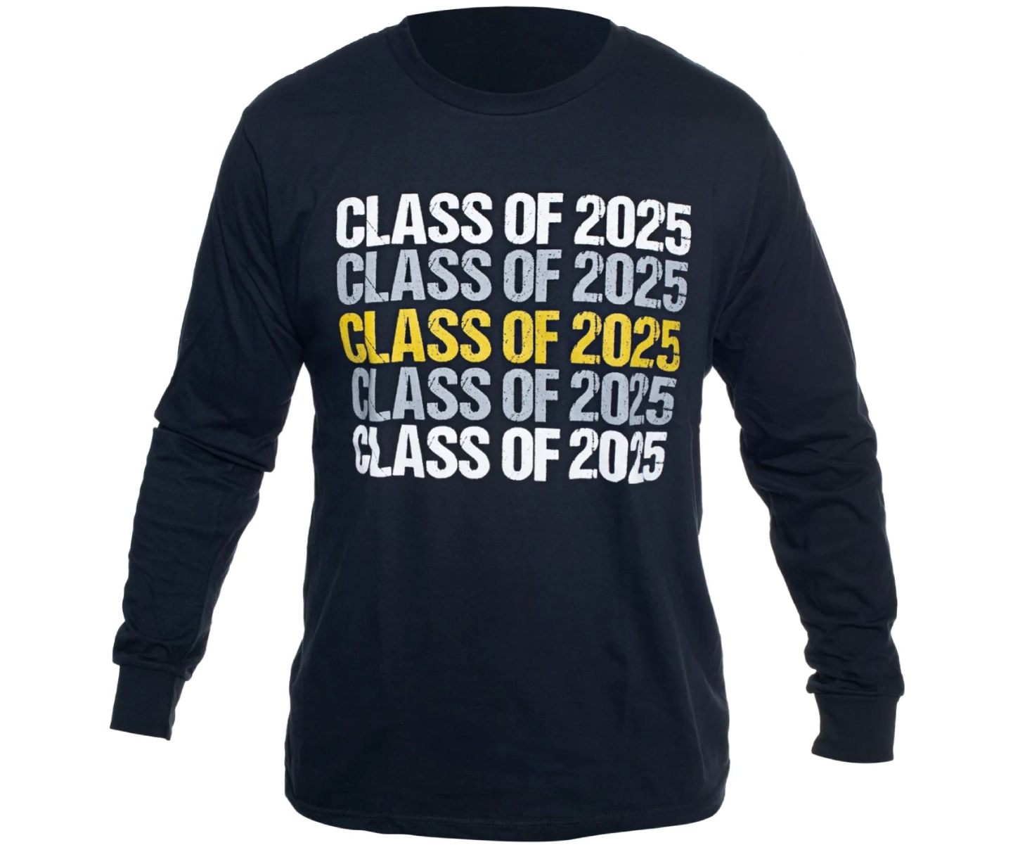 A long sleeve t-shirt with the words class of 2 0 2 5 written in yellow and black.