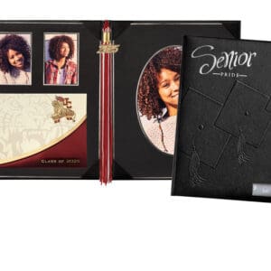 A black photo album with a picture of a woman.