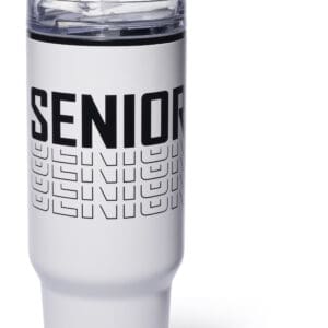 A white cup with the word senior written on it.