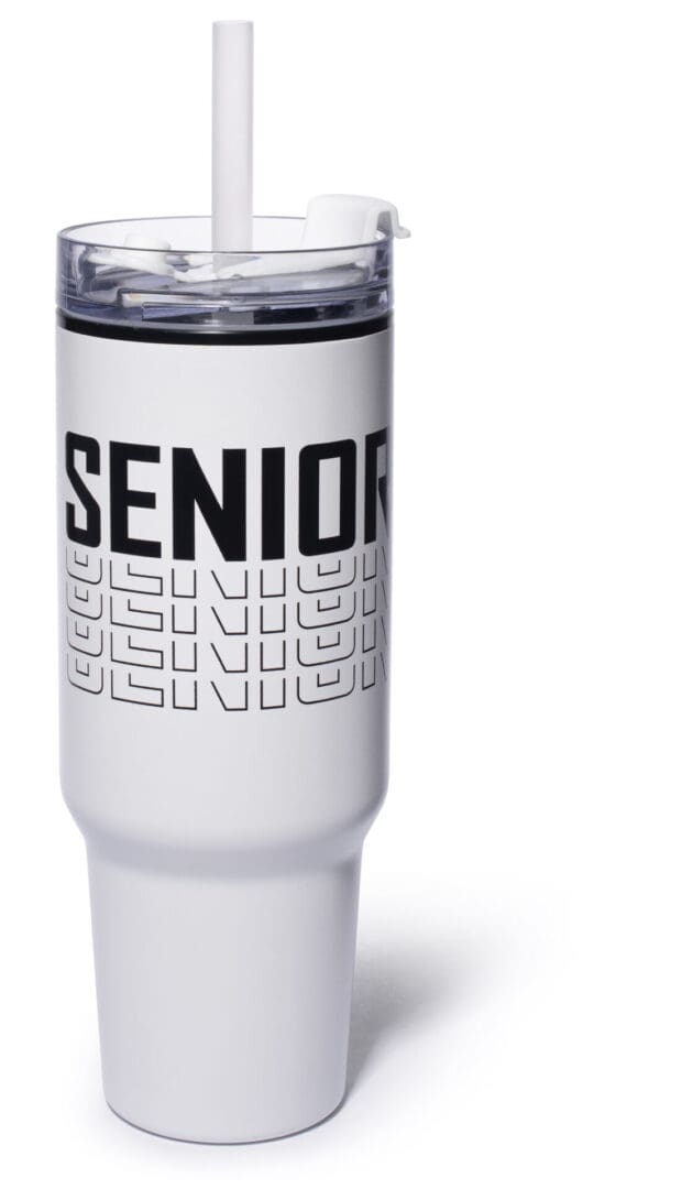 A white cup with the word senior written on it.