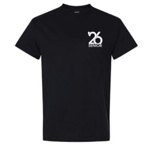 Black T-shirt with a white '26' and small text design on the chest.
