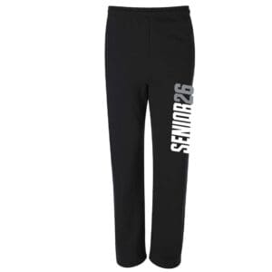 Black sweatpants with white vertical text on one leg.