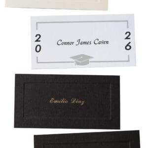 Two embroidered name tags with elegant fonts, one white and one black.